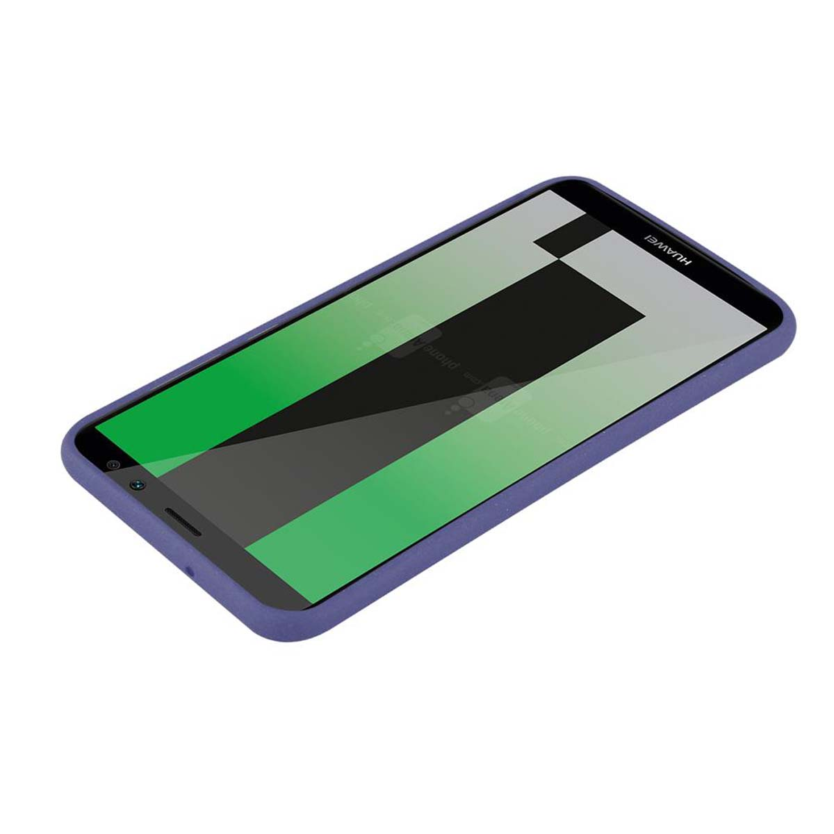 Telefono in una custodia blu. Lo schermo ha un design verde e nero.