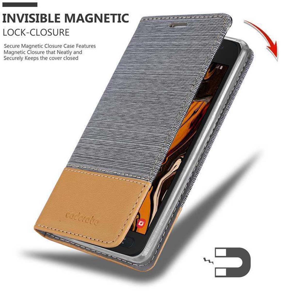 Un telefono in una custodia con chiusura magnetica è mostrato. La custodia è aperta.
