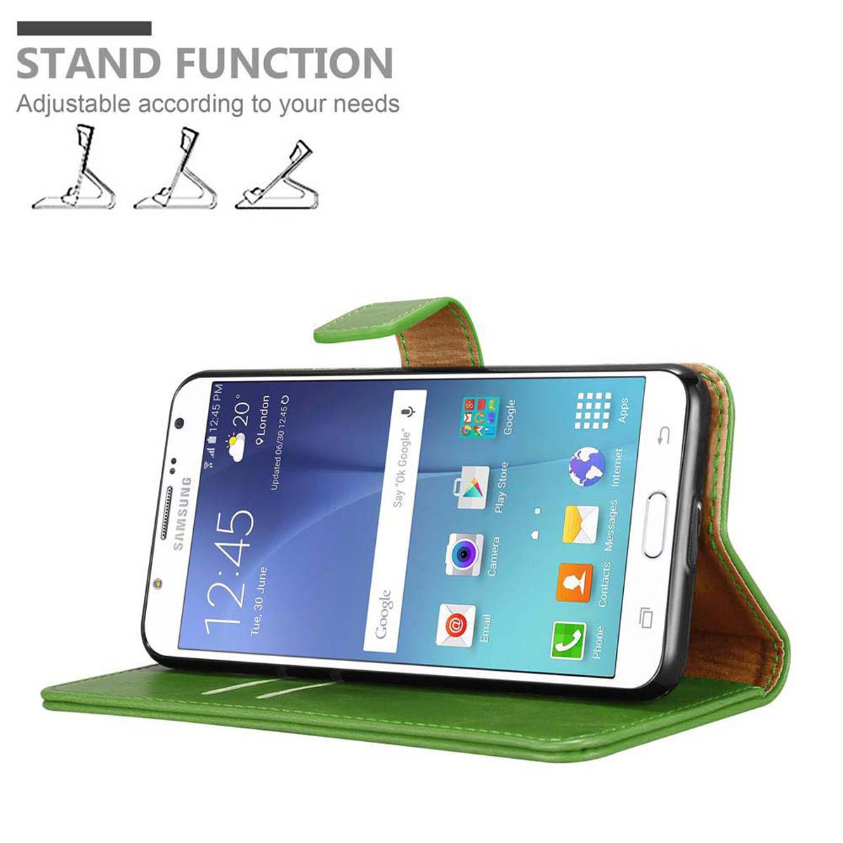 Eine grüne Handyhülle mit Ständerfunktion. Ein Telefon liegt auf der Hülle.