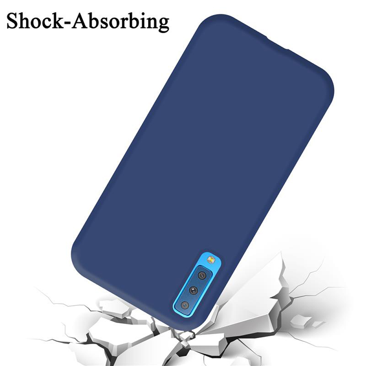 Una custodia per telefono blu navy con un telefono all'interno. L'immagine mostra una funzione di assorbimento degli urti e la fotocamera del telefono.