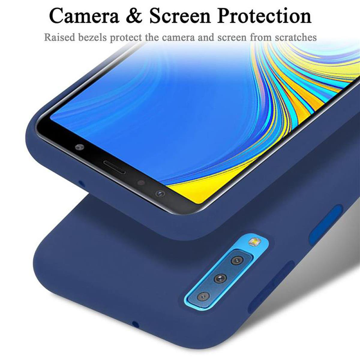 Custodia blu per telefono con bordi rialzati. Schermo visibile. Testo: Protezione fotocamera e schermo.
