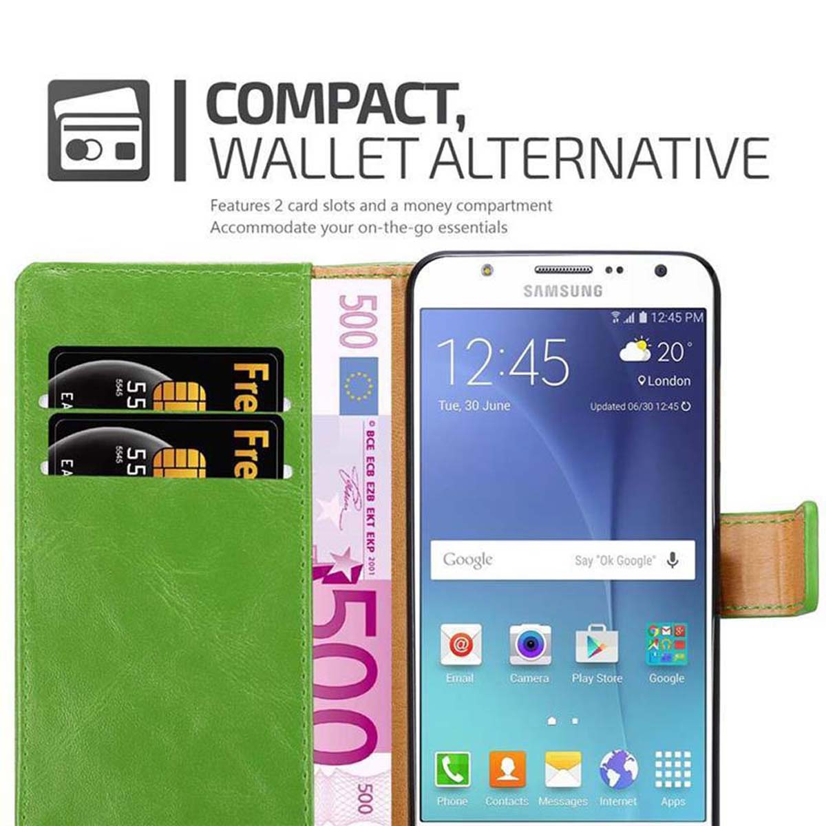 Telefon in grüner Brieftaschen-Hülle, mit Geld und Karten, auf weißem Hintergrund.