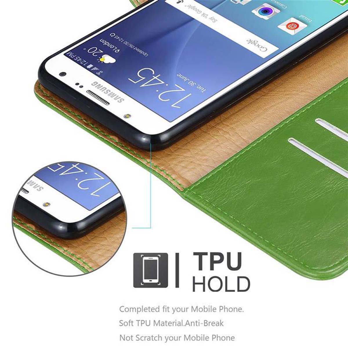 Telefon in grüner Hülle mit Uhrzeit. Text darunter: TPU HOLD.