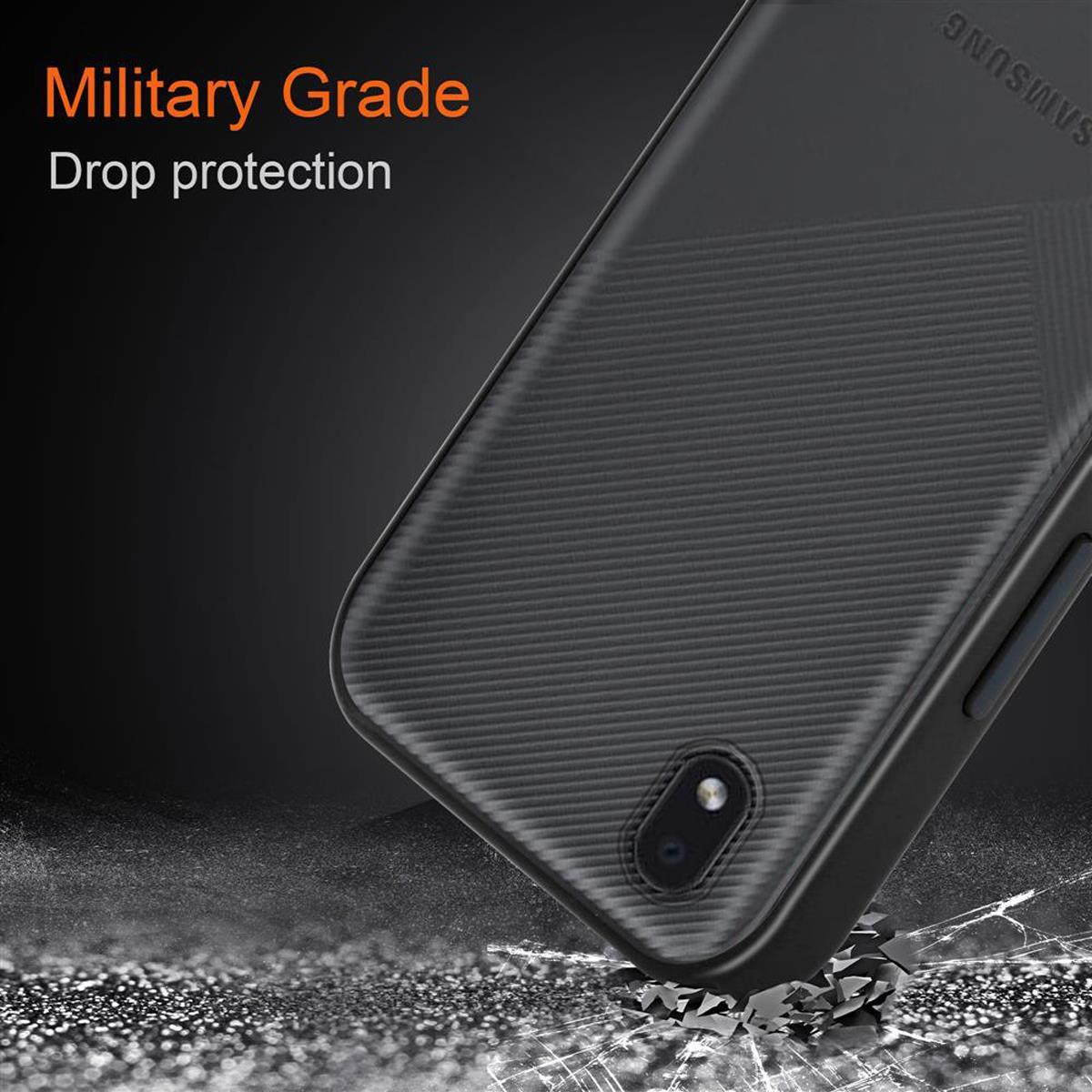 Schwarze Handyhülle mit Text 'Military Grade Drop protection' und Aufprallspuren.