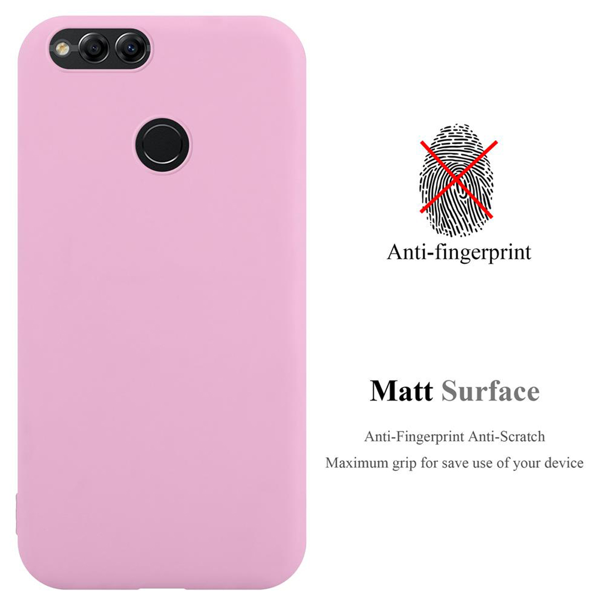 Una custodia rosa per telefono. Icona impronta digitale con croce. Testo: Anti-impronta, Superficie opaca.