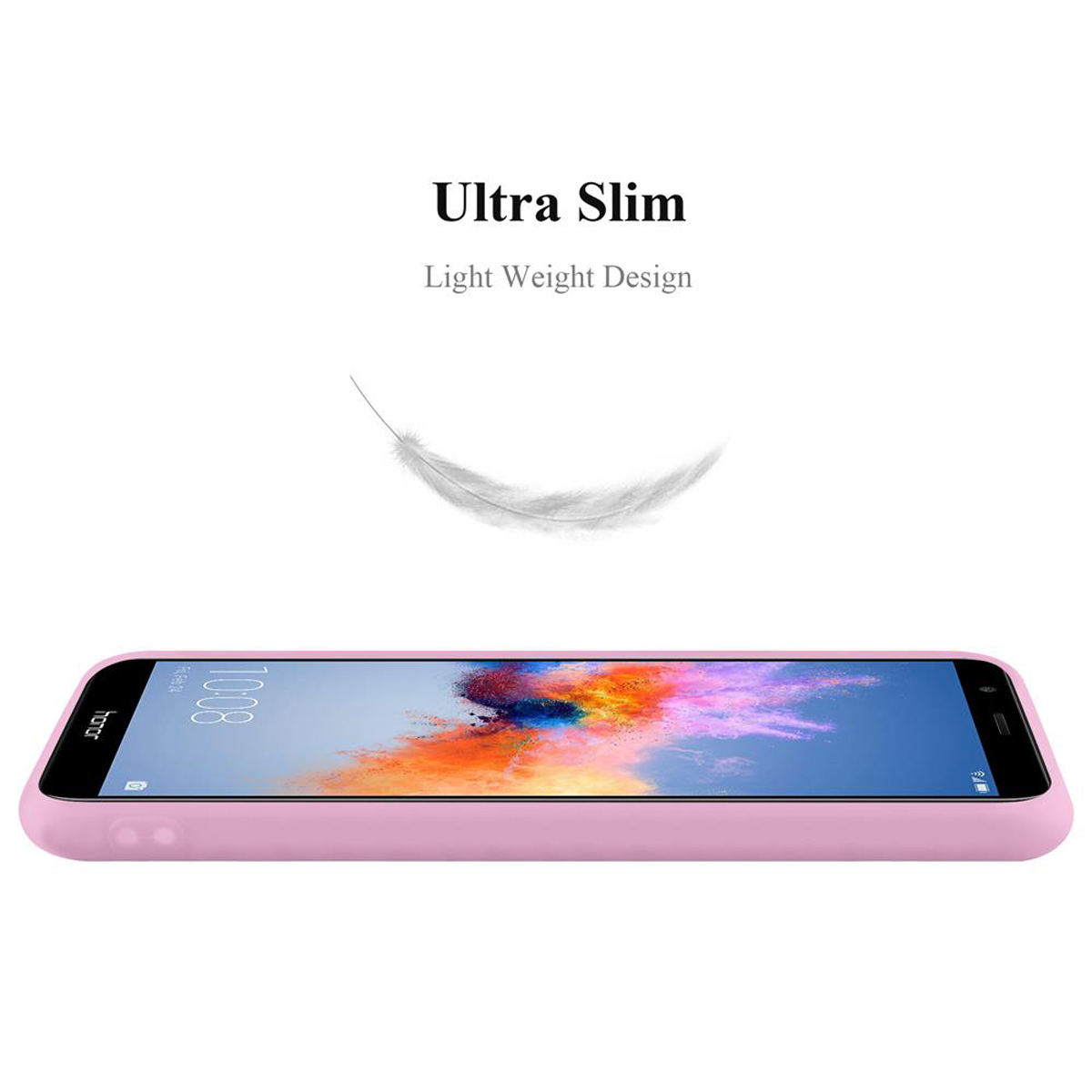 Custodia per telefono rosa, schermo del telefono visibile, grafica di piume sopra.