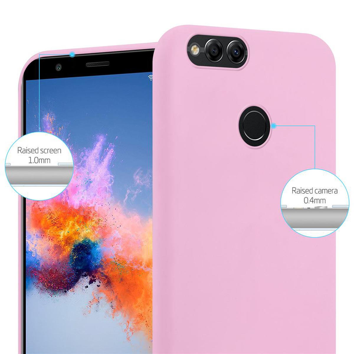 Una custodia rosa con dettagli della fotocamera. Il testo mostra le misure di schermo e fotocamera rialzati.