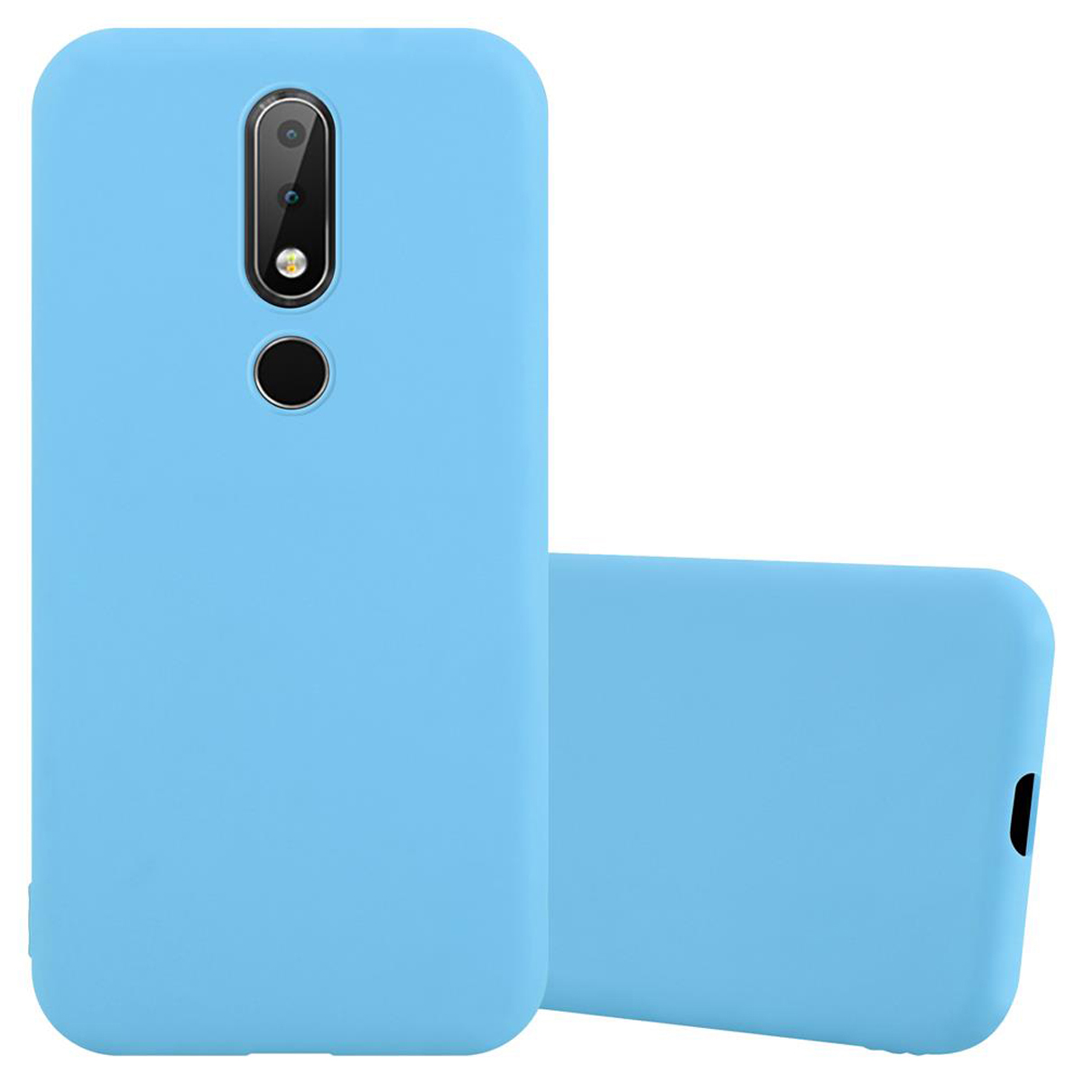 Funda de teléfono azul claro. Dos partes con un teléfono a la derecha. Fondo blanco.
