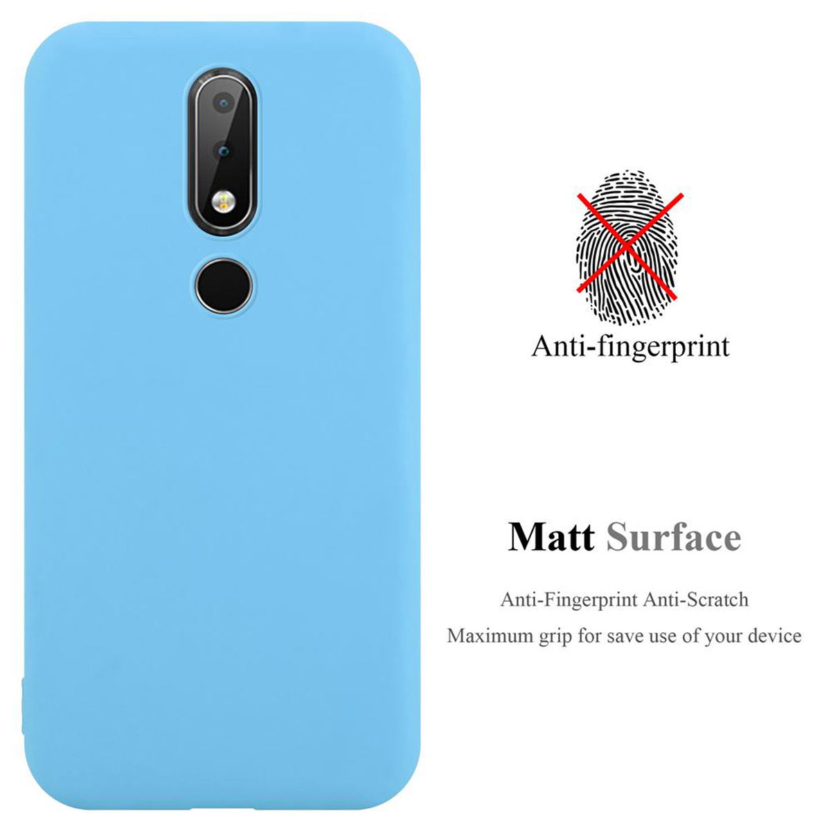 Funda de teléfono azul claro con cámara, orificios para altavoces. Anti-huellas, superficie mate. Fondo blanco.