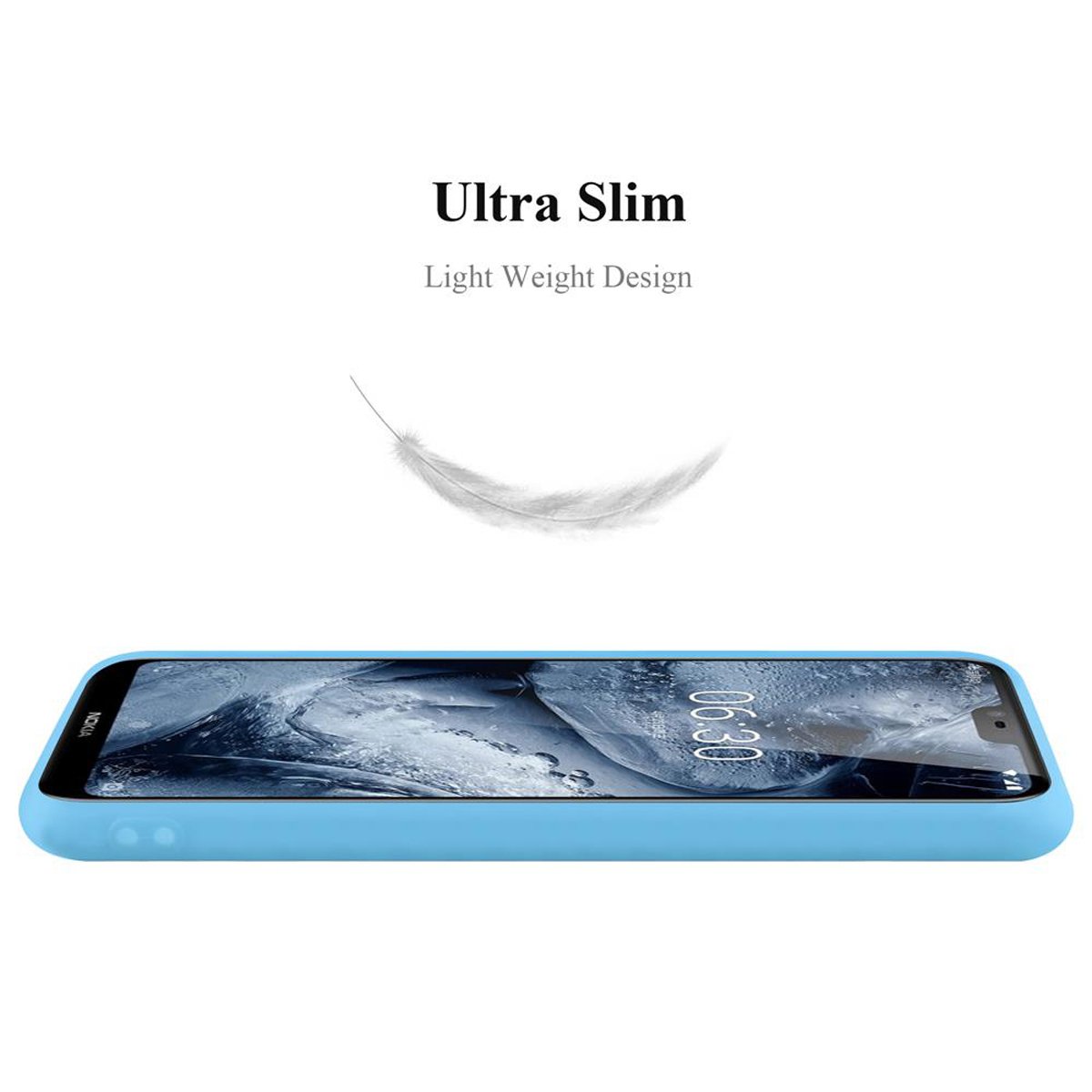 Una funda de teléfono azul claro con un gráfico de pluma y el texto 'Ultra delgado, diseño ligero'.