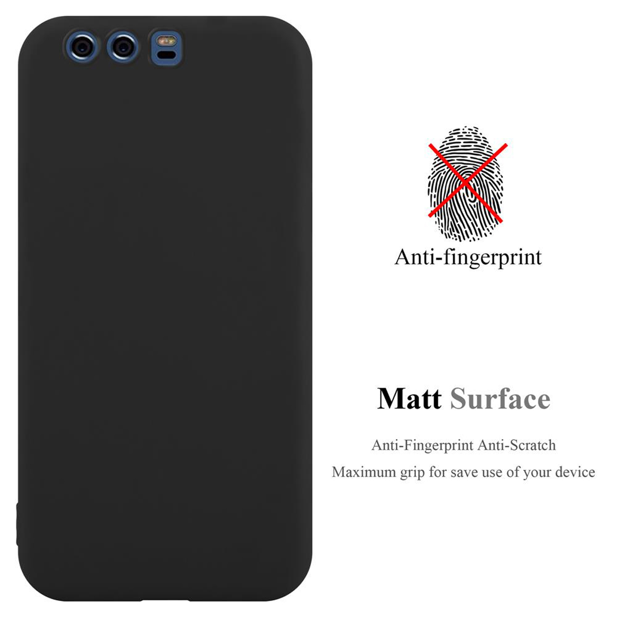 Schwarze Handyhülle mit Fingerabdruck. Text: Anti-Fingerabdruck. Matte Oberfläche.