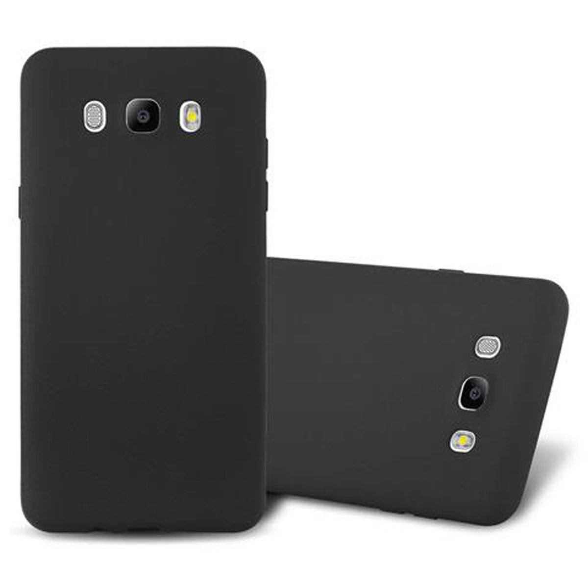 Dos fundas negras para teléfono, una de pie y otra acostada. Ambas lisas, con agujeros para la cámara.