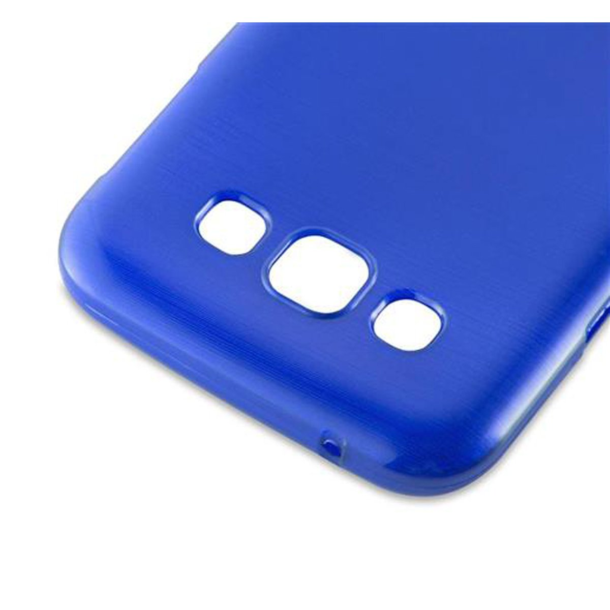 Eine blaue Handyhülle mit Löchern für die Knöpfe. Die Hülle ist einfarbig.