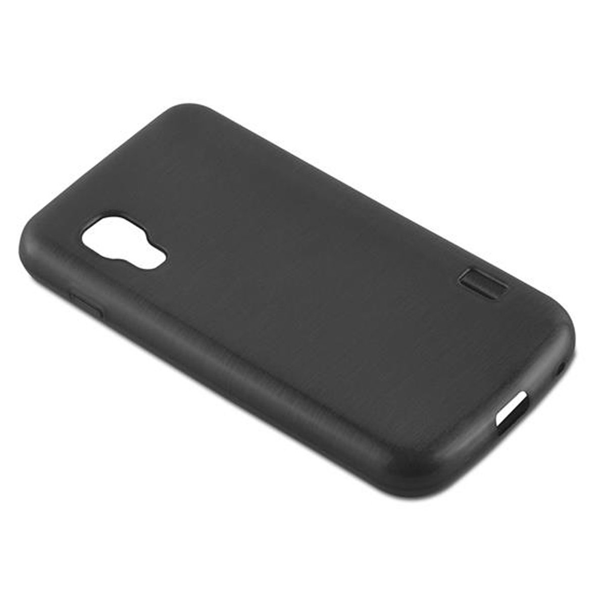 Funda de teléfono negra con recortes para cámara y botones, en ángulo sobre un fondo blanco.