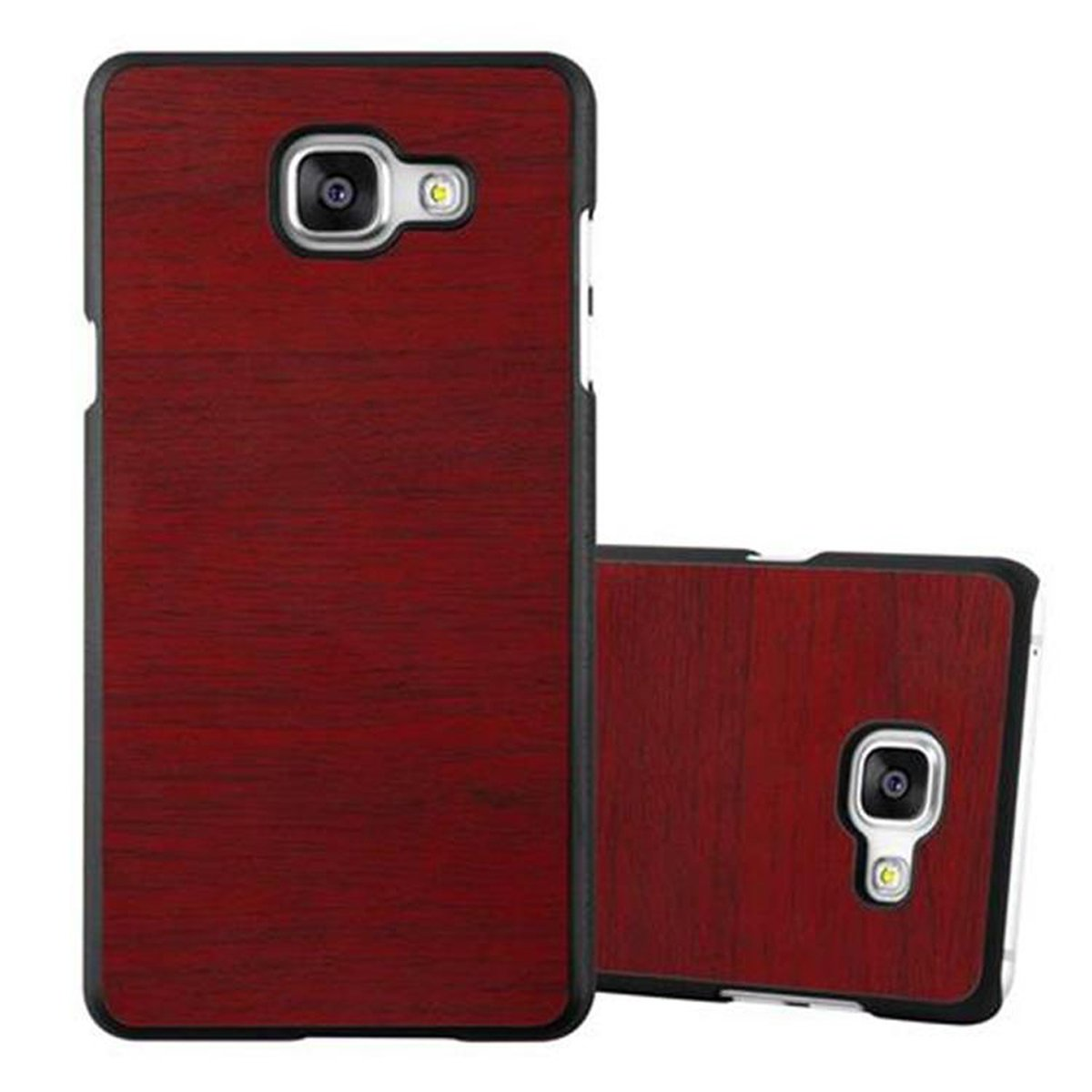 Teléfono con funda de madera oscura y marco negro. Otra funda al lado.