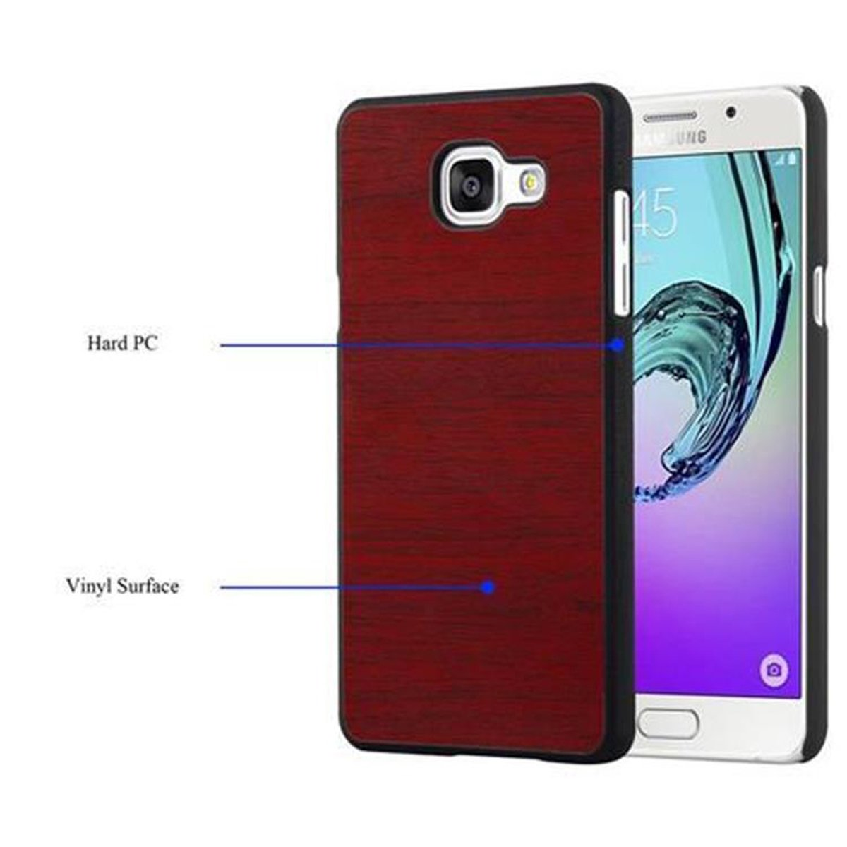 Funda de teléfono con diseño de madera roja, junto a un teléfono blanco que muestra la pantalla de inicio.