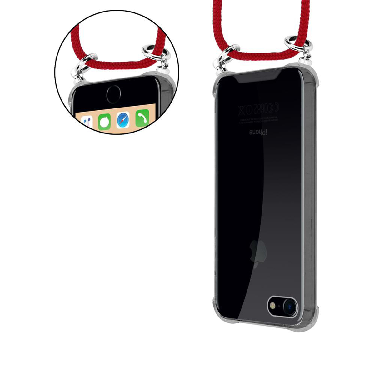 Custodia trasparente con cordino rosso. Telefono visibile. Primo piano del telefono.