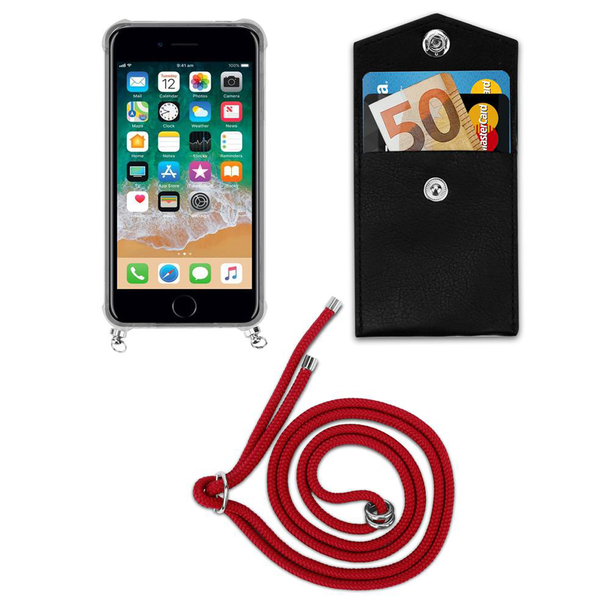 Un telefono con un cordino rosso e una custodia a portafoglio nera che contiene denaro e carte.