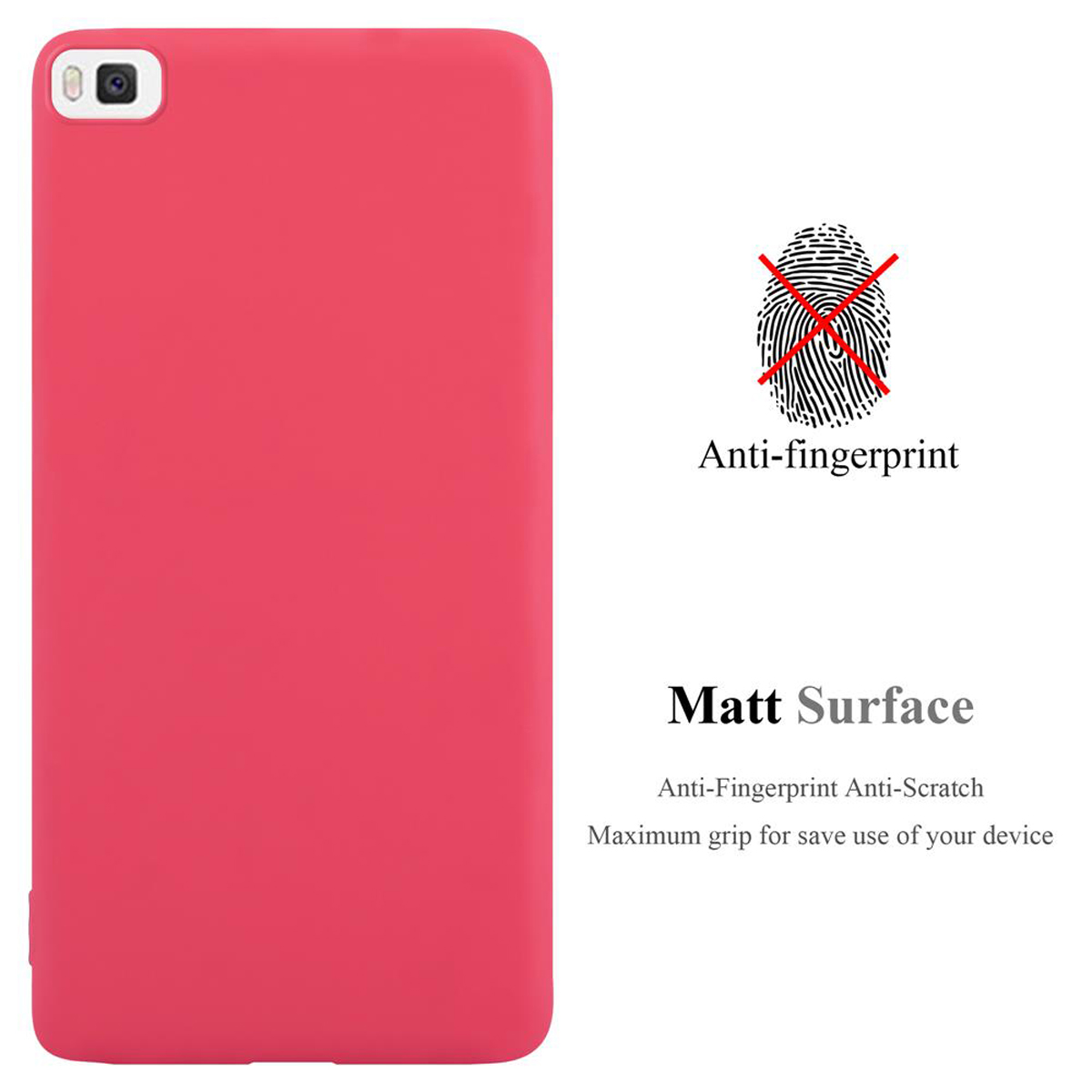 Eine rote Handyhülle mit dem Text „Anti-Fingerprint“ und „Matt Surface“ wird auf weißem Hintergrund gezeigt.