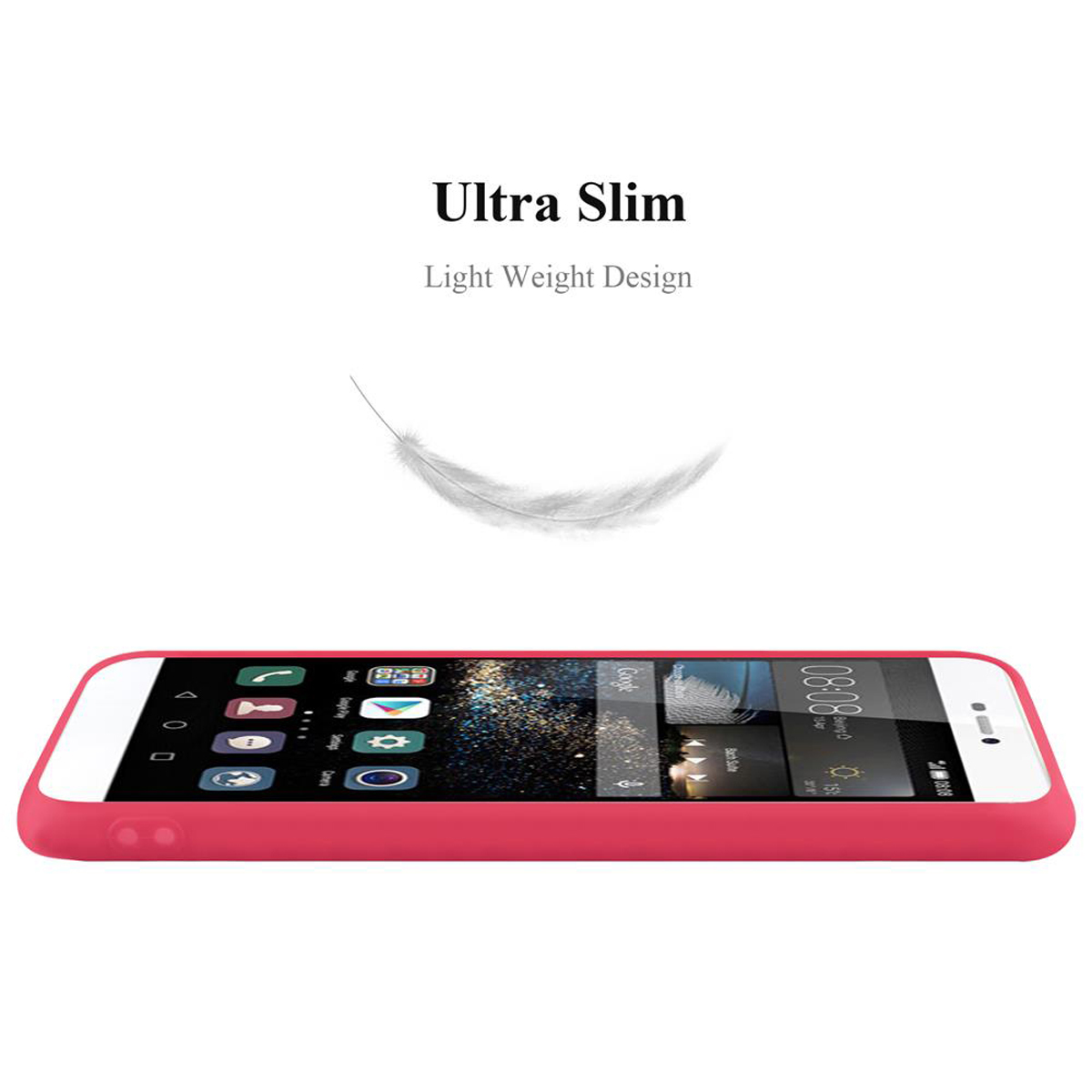 Ein Telefon in rosa Hülle auf weißer Oberfläche. Text: Ultra Slim.