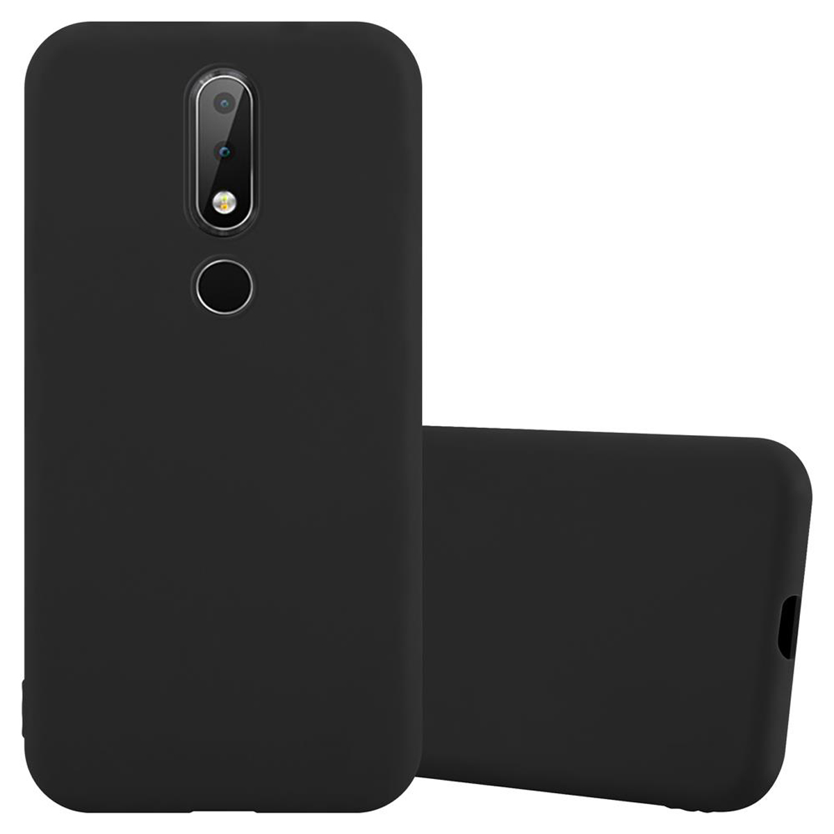 Dos fundas de teléfono negras, una con lente de cámara, otra sin ella.