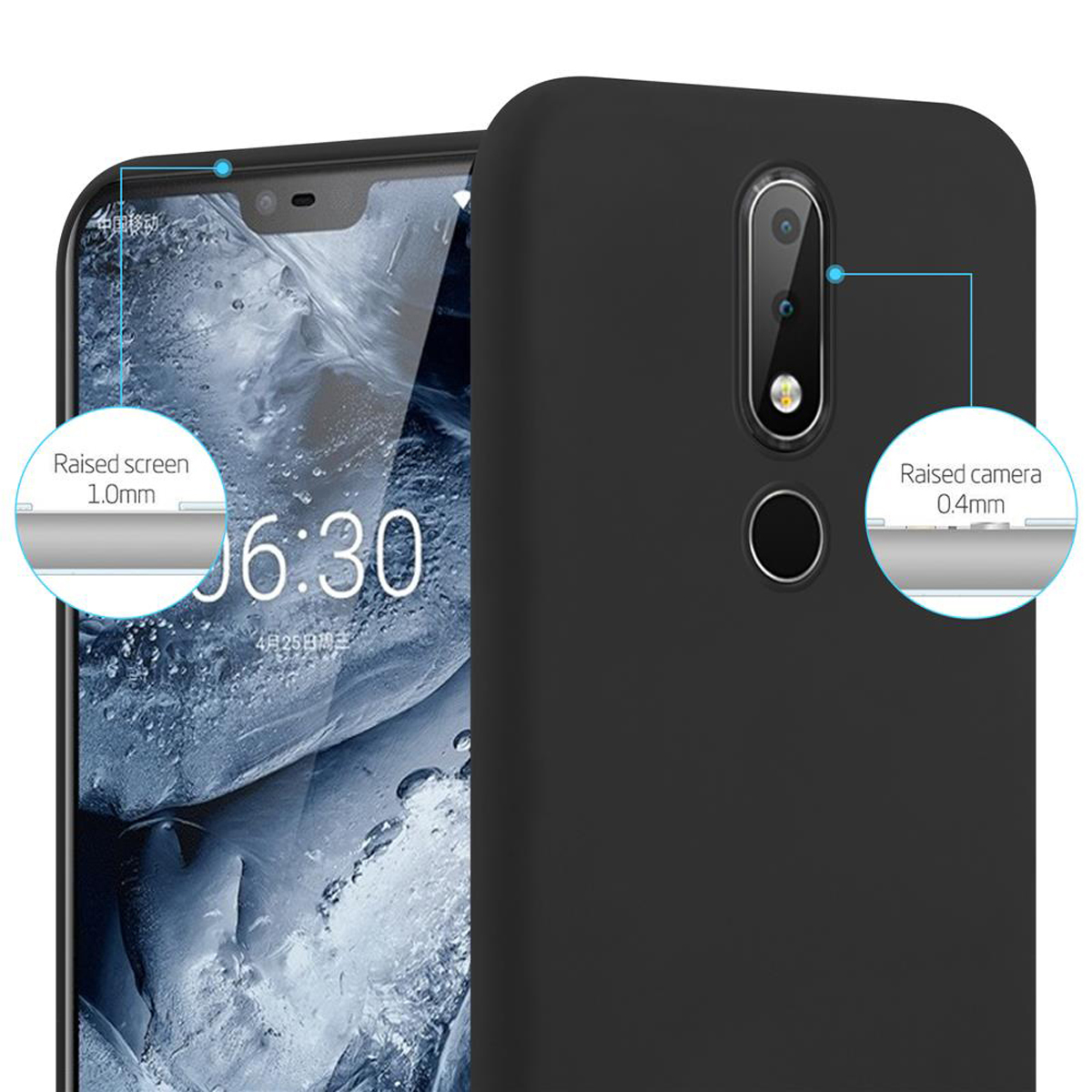 Funda de teléfono negra junto a una pantalla, con detalles de pantalla y cámara elevados.