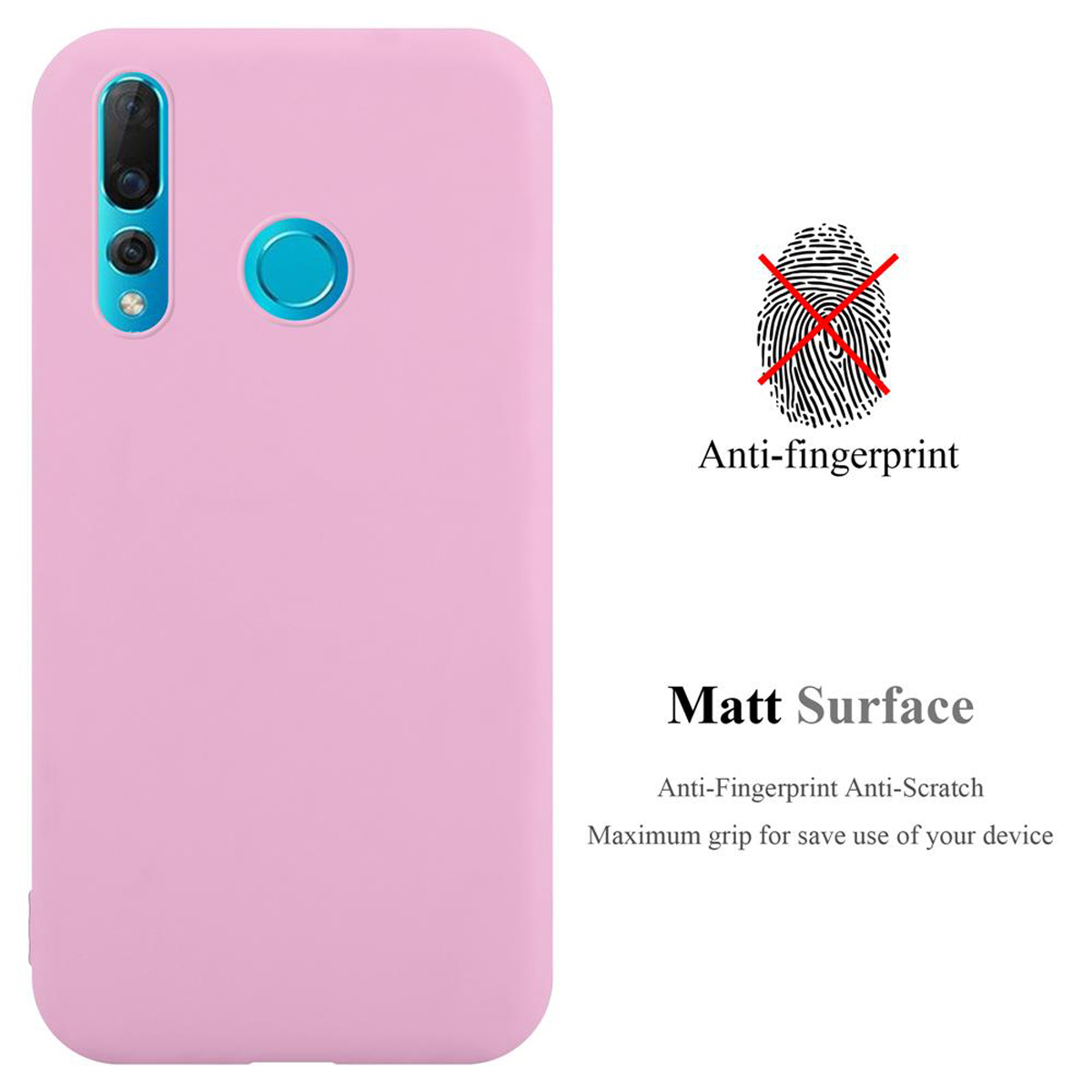 Custodia rosa per telefono. Il testo recita: 'Anti-impronte. Superficie opaca. Massima presa per un uso sicuro del dispositivo.'