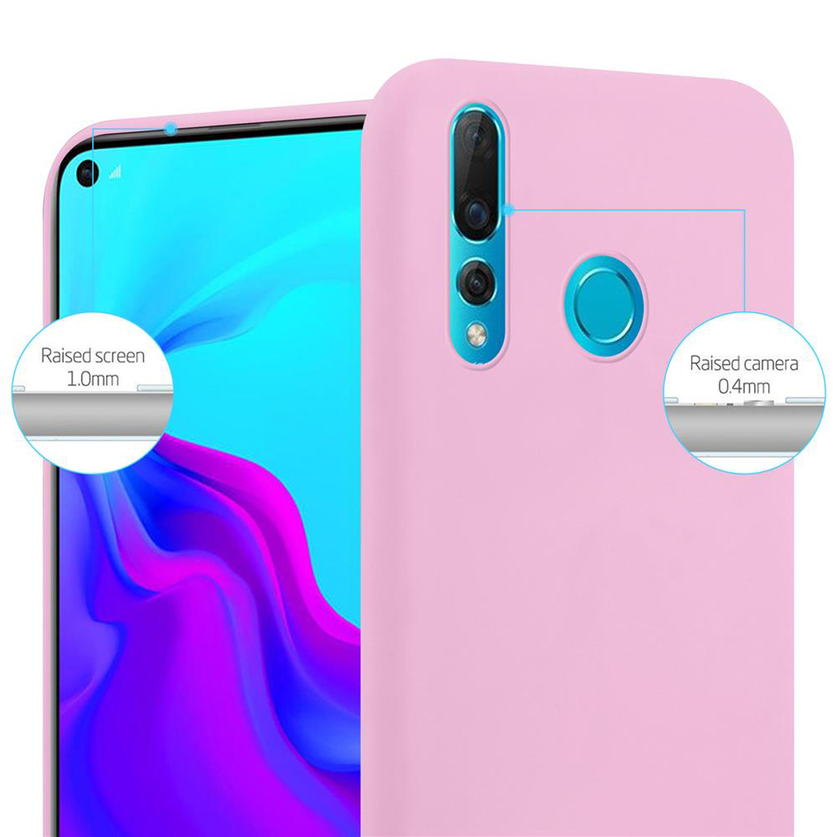 Una custodia per telefono rosa con schermo blu e dettagli della fotocamera. Le etichette indicano schermo e fotocamera rialzati.