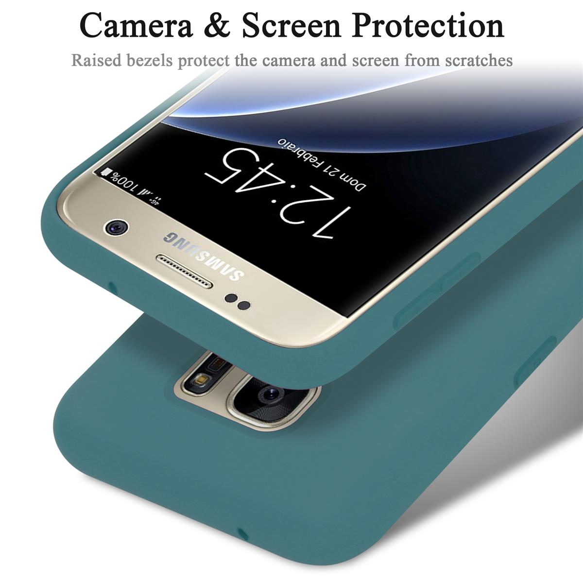 Telefon in teal Hülle, Bildschirm sichtbar. Hintergrund ist verschwommen. Text: Kamera- und Bildschirmschutz.