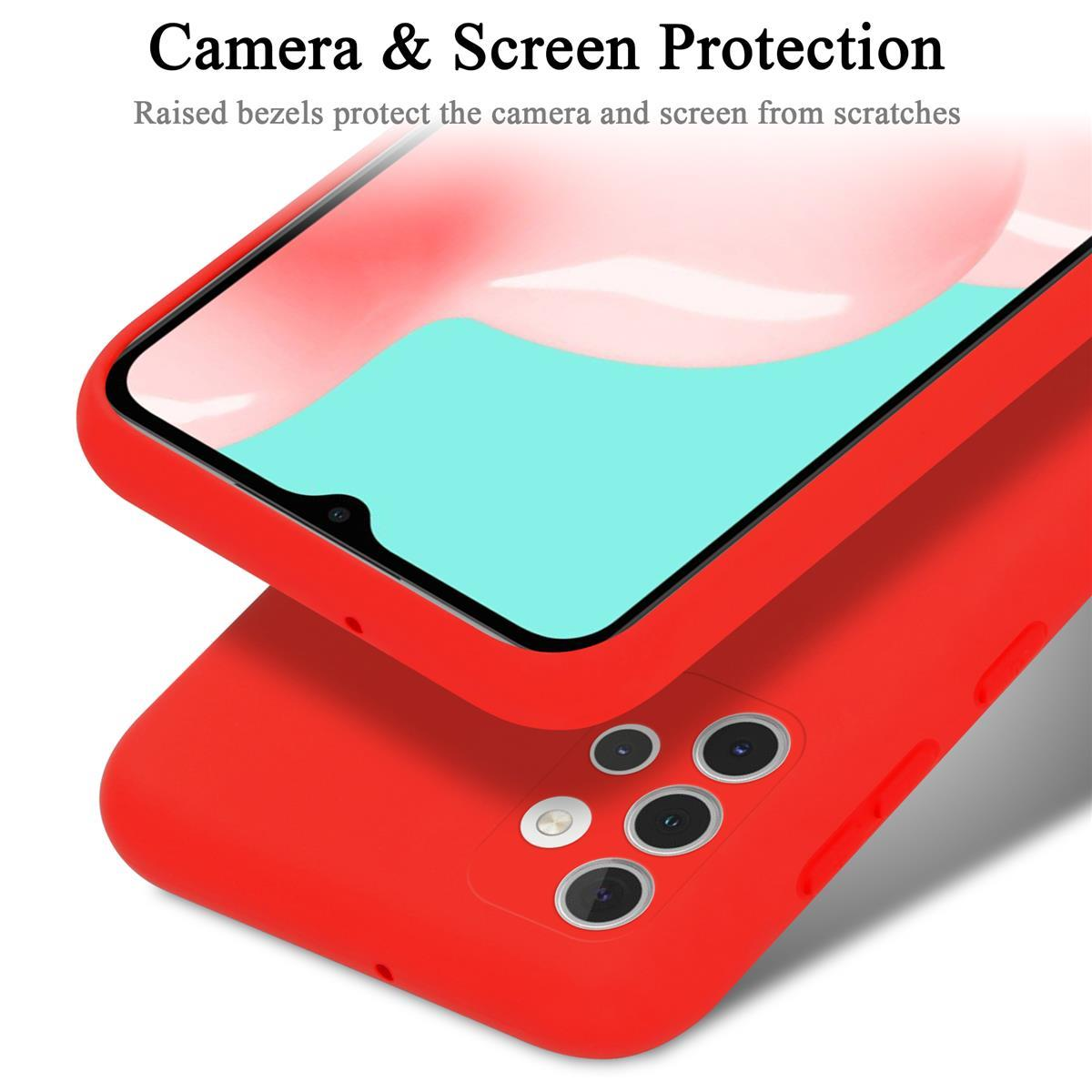 Custodia rossa per telefono con schermo visibile. Protegge fotocamera e schermo.