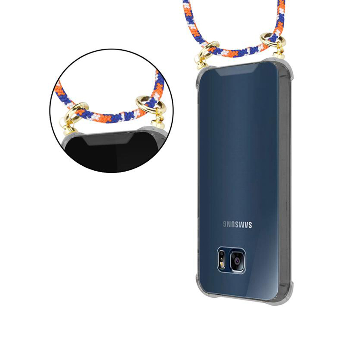 Custodia per telefono con cinturino, sul lato destro è mostrato il retro di un telefono con fotocamera.