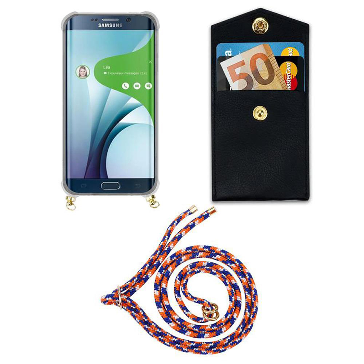 Telefono, custodia, portafoglio e cordino. Il telefono mostra un messaggio. Portafoglio ha carte.