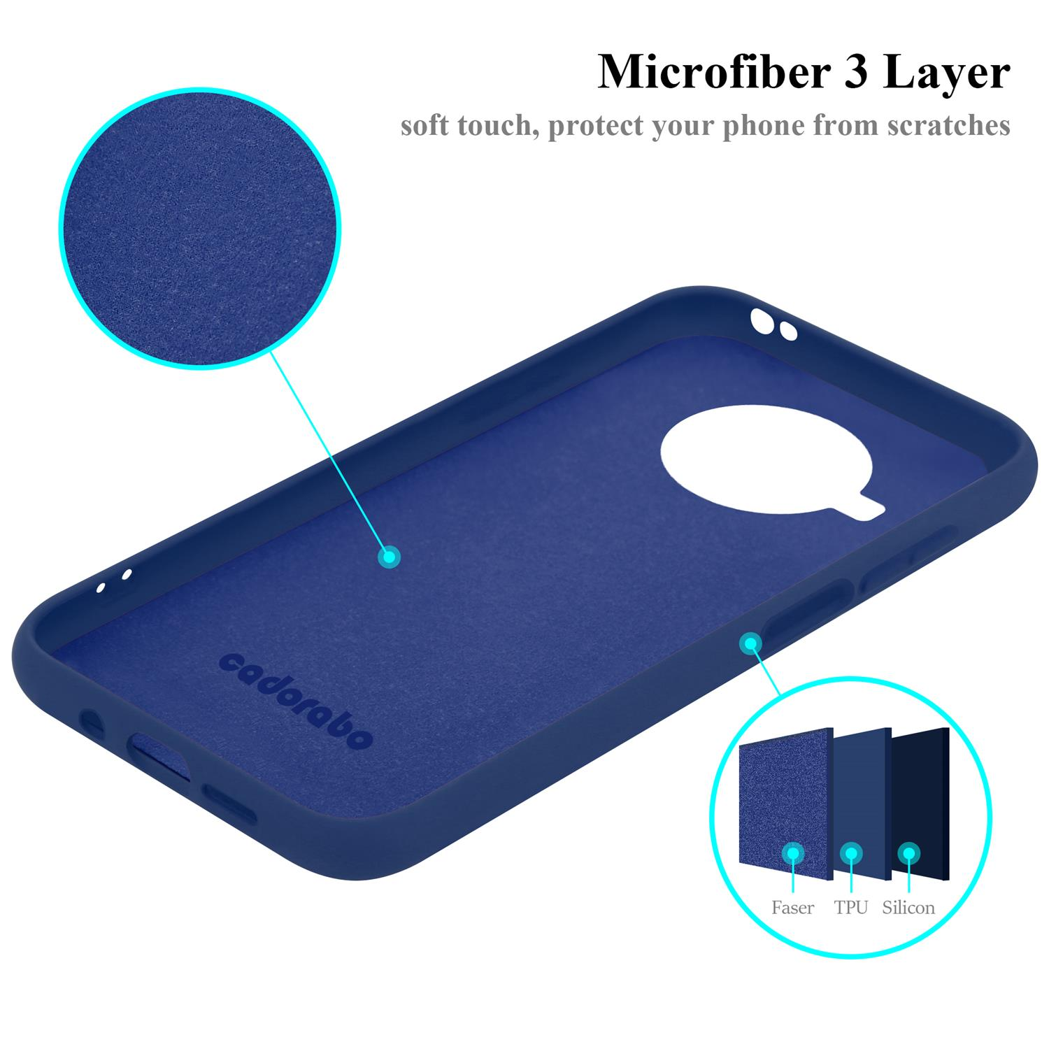 Blaues Telefonhülleninnere mit strukturierter Oberfläche. Text: Mikrofaser 3-Schicht.