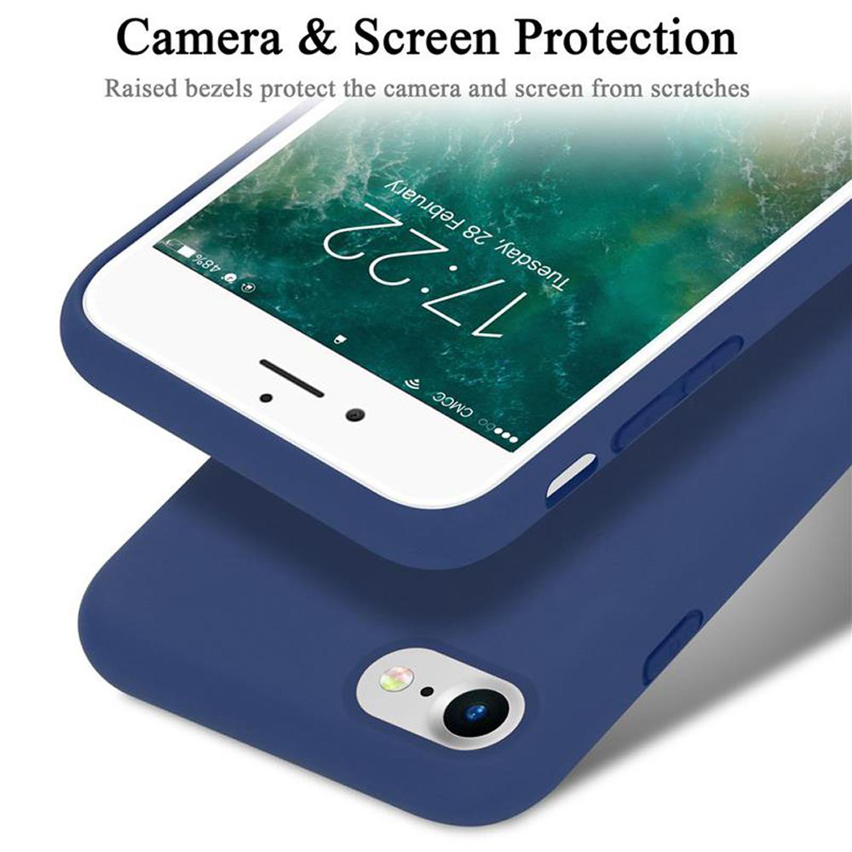 Blaue Handyhülle über einer anderen, mit einem weißen Telefon. Text: 'Kamera- und Bildschirmschutz'.