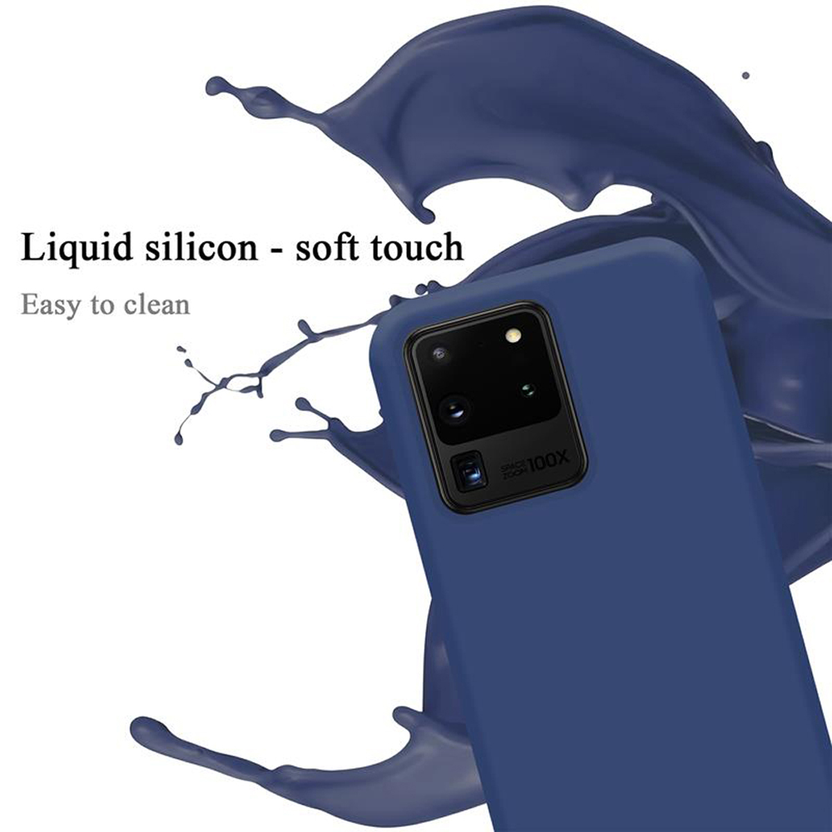 Eine dunkelblaue Handyhülle mit Telefon. Ein Spritzer ist hinter der Handyhülle.