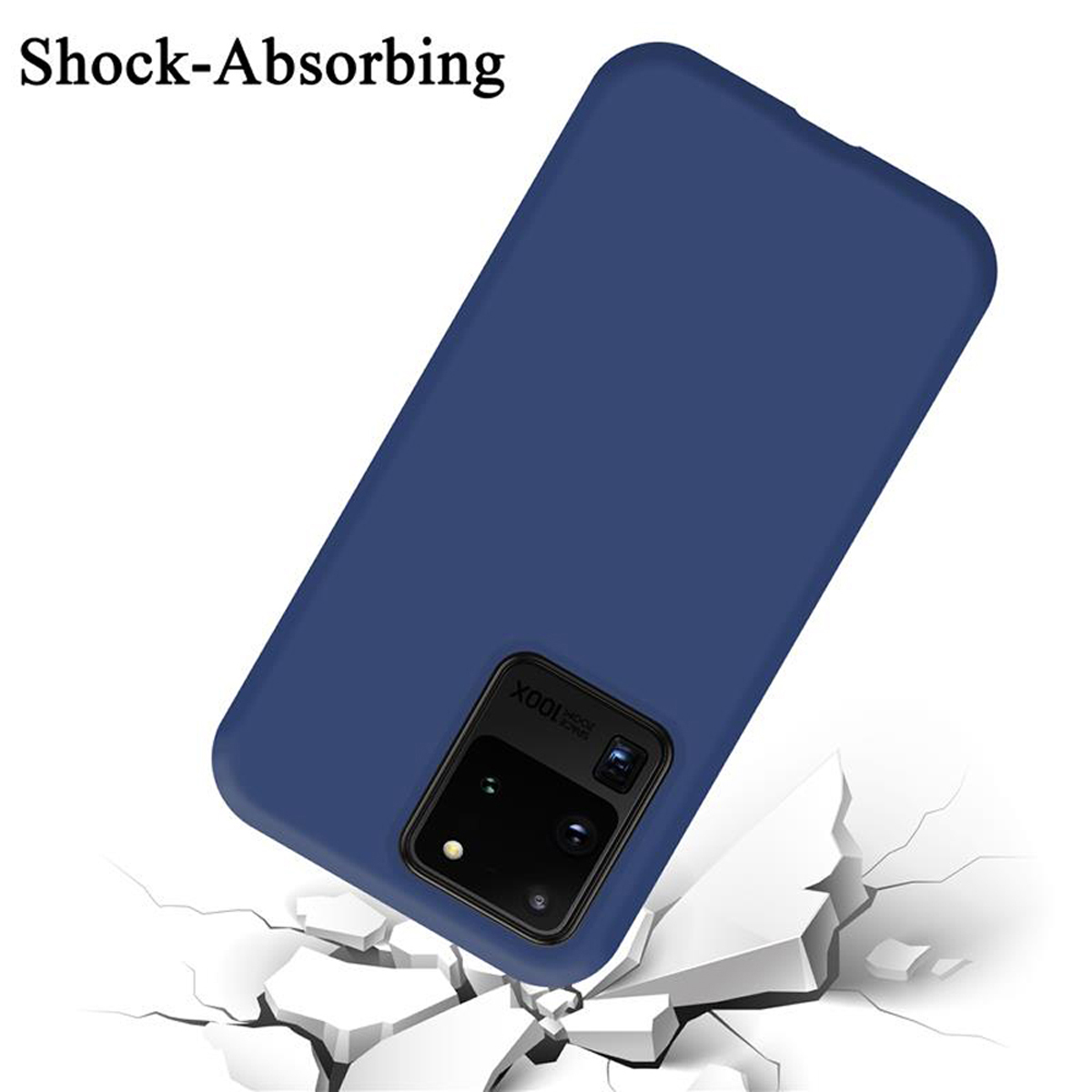 Blaue Handyhülle mit einem Telefon. Text: Stoßdämpfend. Weißer Hintergrund.