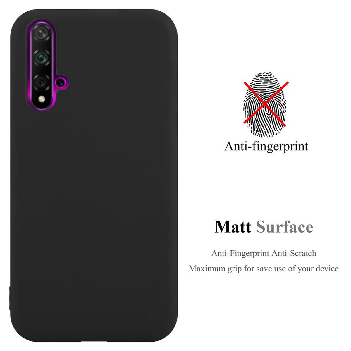 Schwarze Handyhülle mit Anti-Fingerprint und matter Oberfläche. Text sagt kratzfest.