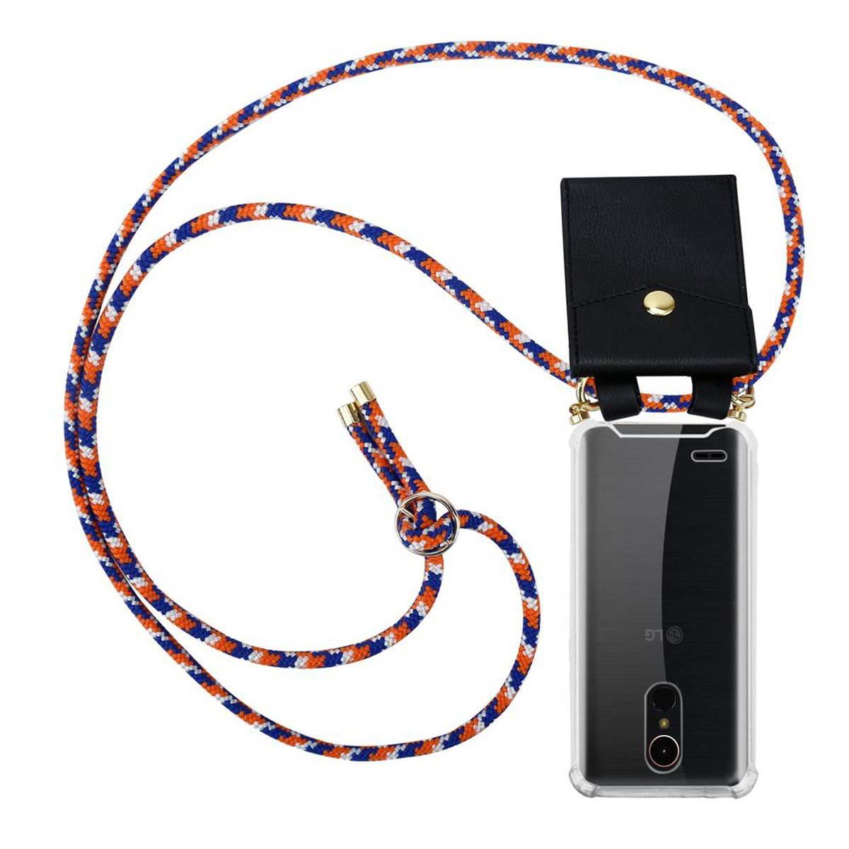 Handyhülle mit schwarzem Portemonnaie und orangefarbenem und blauem Seil. Das Telefon ist klar.