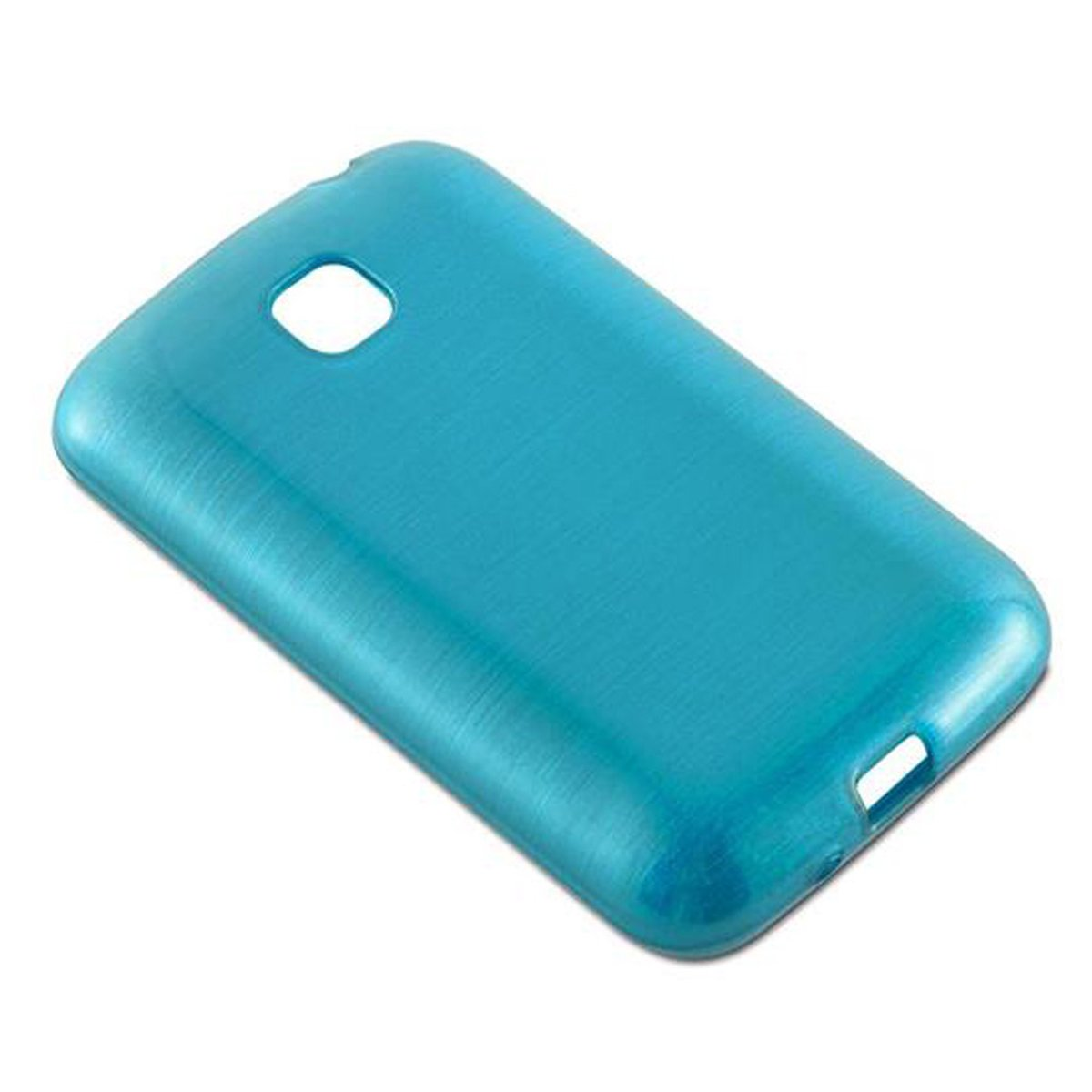 Custodia per telefono blu, angolata su bianco. L'obiettivo della fotocamera è visibile.