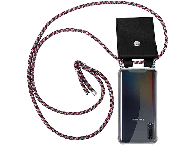 CADORABO Handy Kette mit Silber Ringen, Kordel Band und abnehmbarer Hülle, Backcover, Samsung, Galaxy A50 4G / A50s / A30s, ROT GELB WEIß