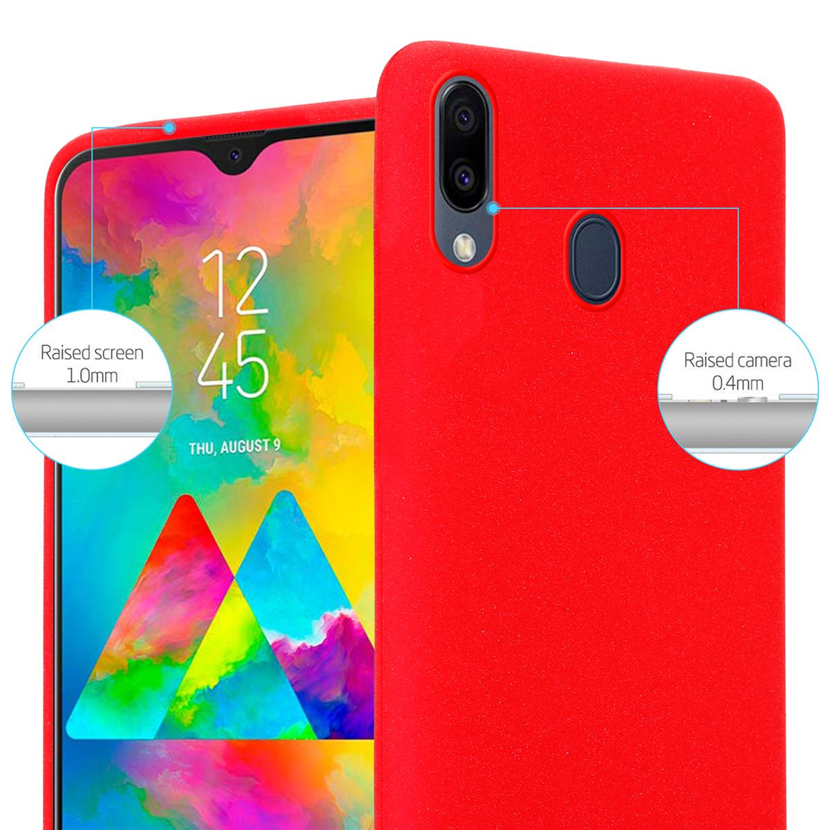 Custodia rossa con telefono all'interno. La custodia ha bordi rialzati che proteggono schermo e fotocamera.