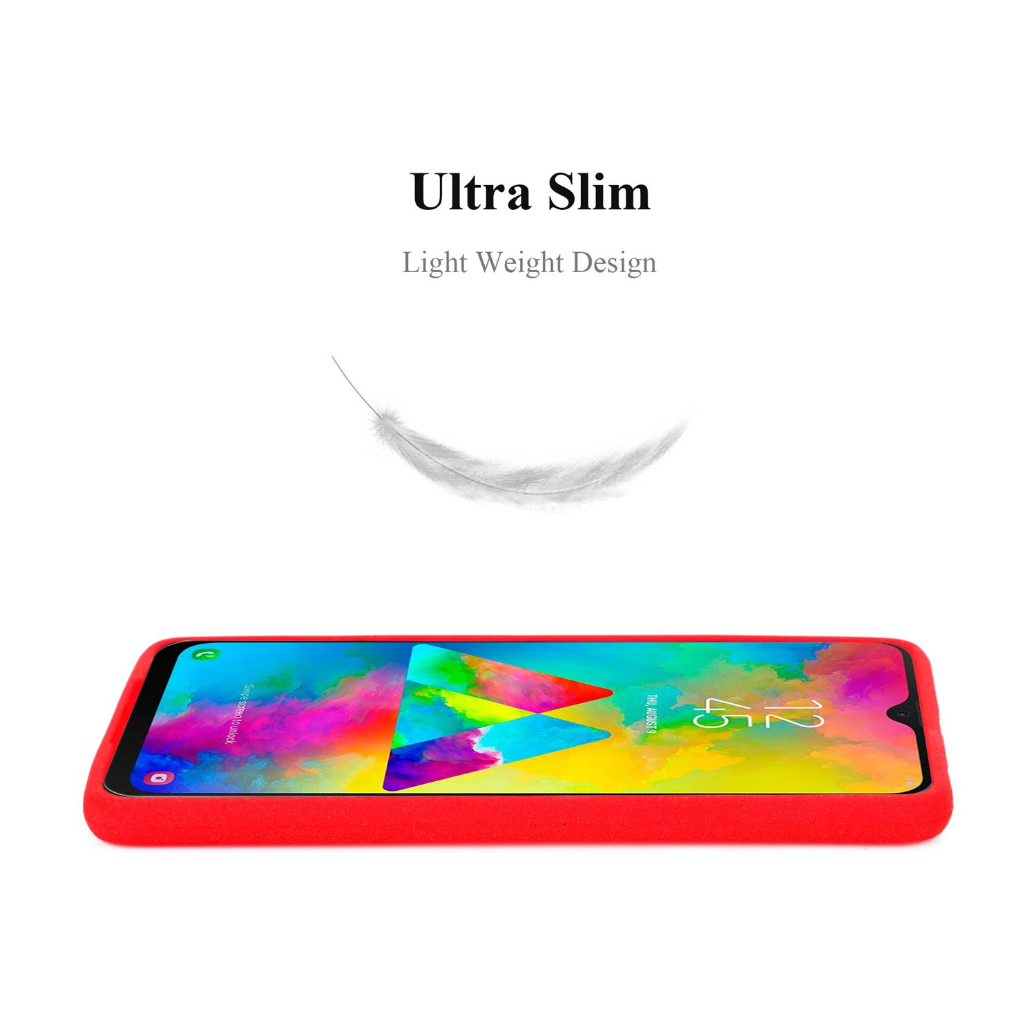 Custodia per telefono rossa su sfondo bianco. La custodia circonda un telefono con uno sfondo colorato.