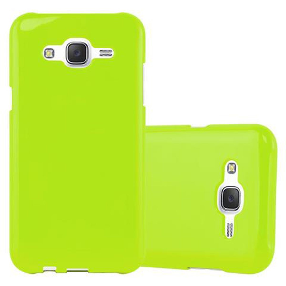 Dos fundas de teléfono verde lima, una con la parte trasera visible.