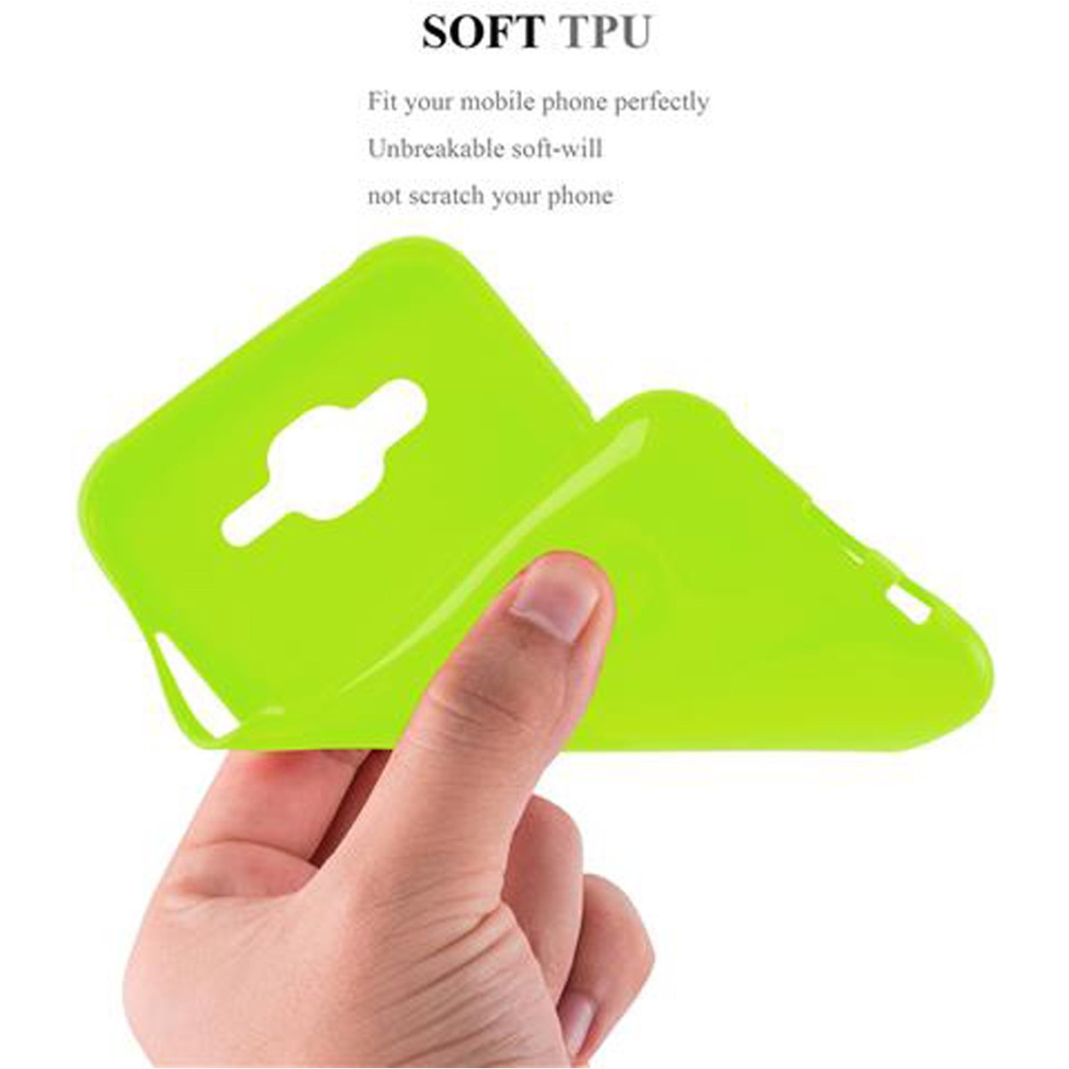 Una mano sostiene una funda de teléfono verde brillante. El texto superior dice SOFT TPU, detallando sus características.