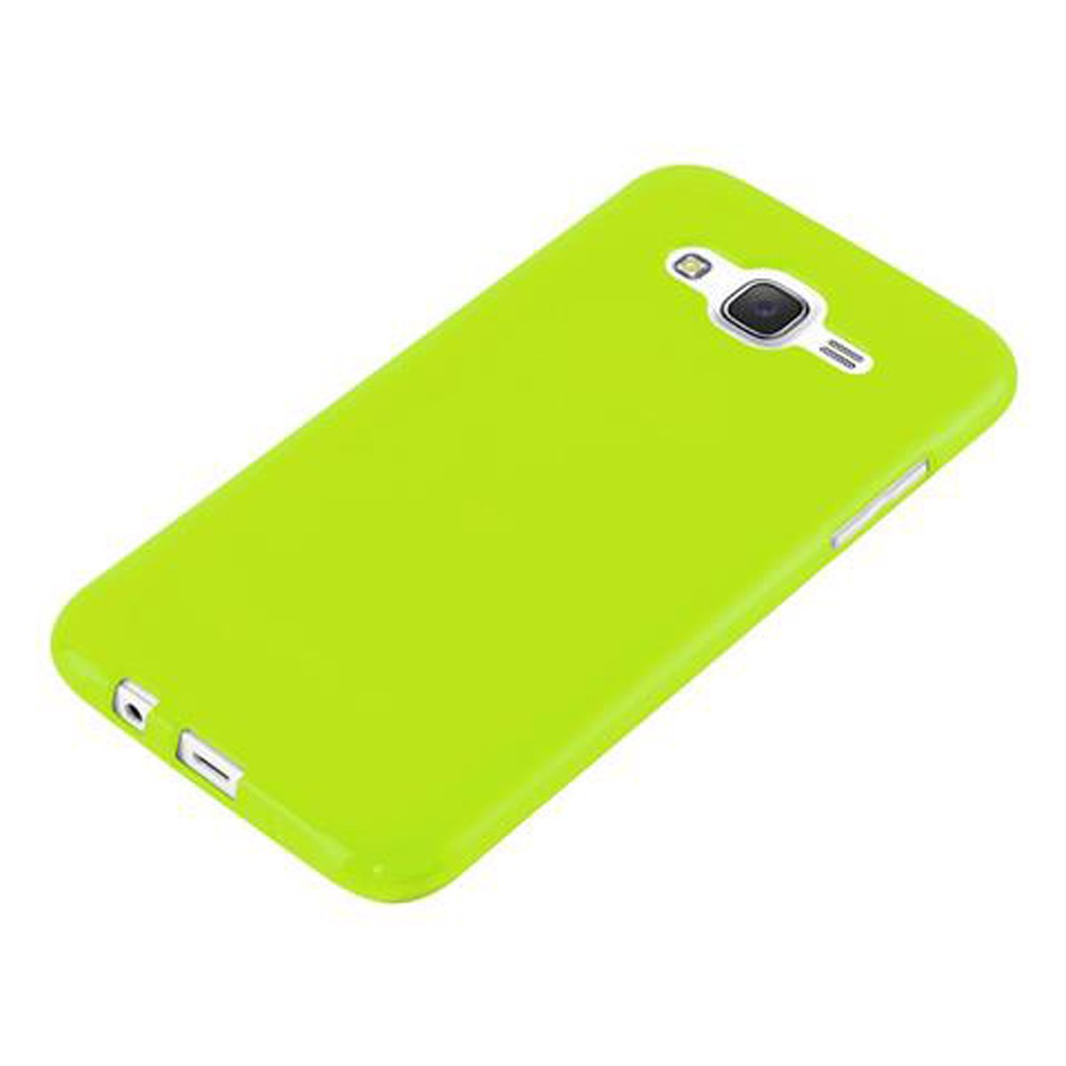 Una funda verde para teléfono. Tiene cámara, altavoz y puerto de carga. Fondo blanco.