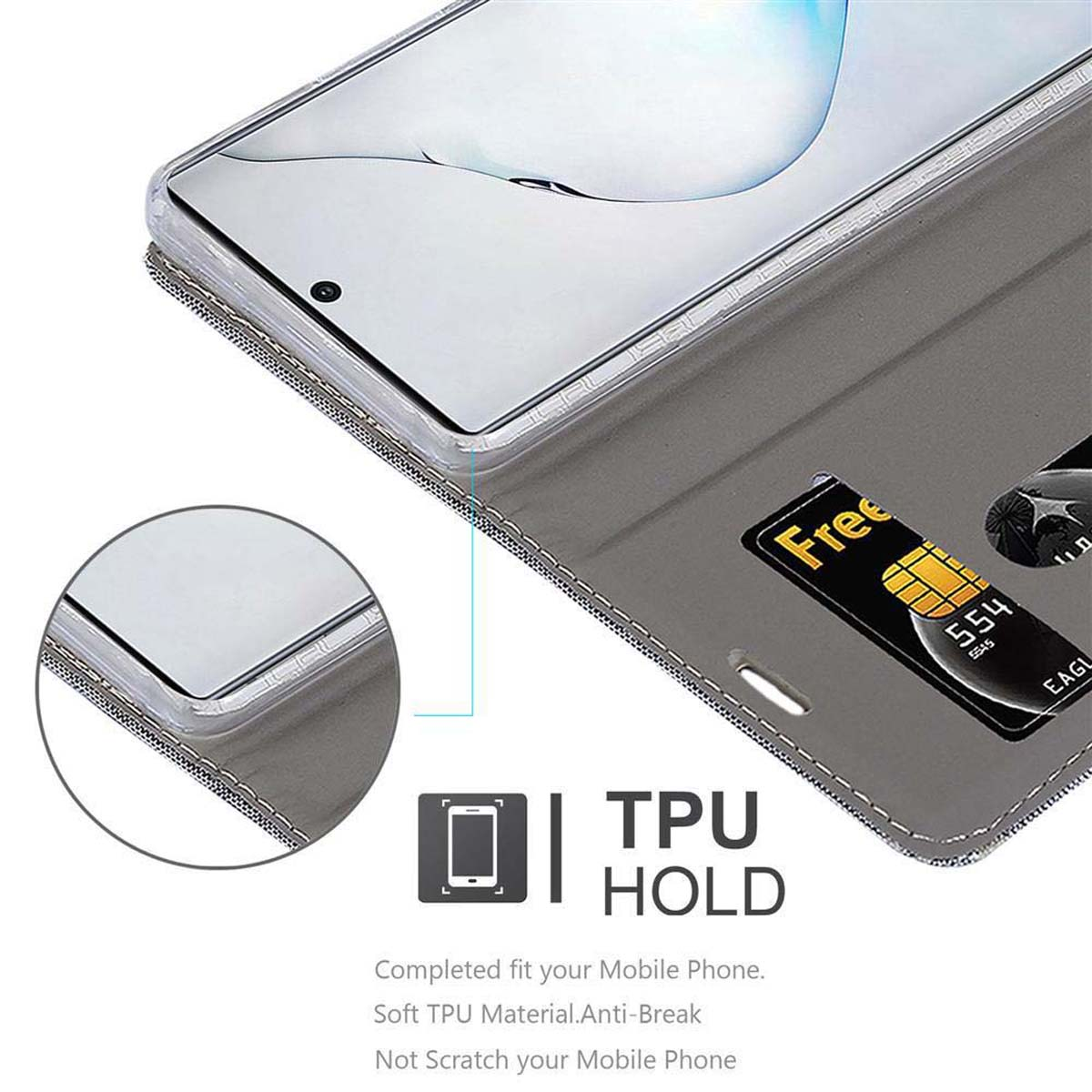 Una custodia per telefono con slot per schede. Un telefono è visibile all'interno. Testo indica TPU.