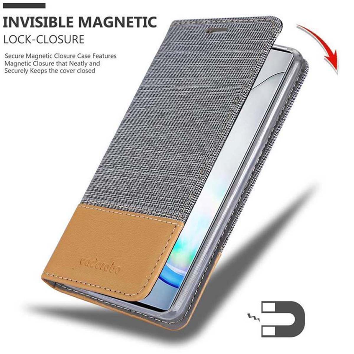 Una custodia per telefono di colore grigio e marrone che è aperta, mostrando lo schermo del telefono.