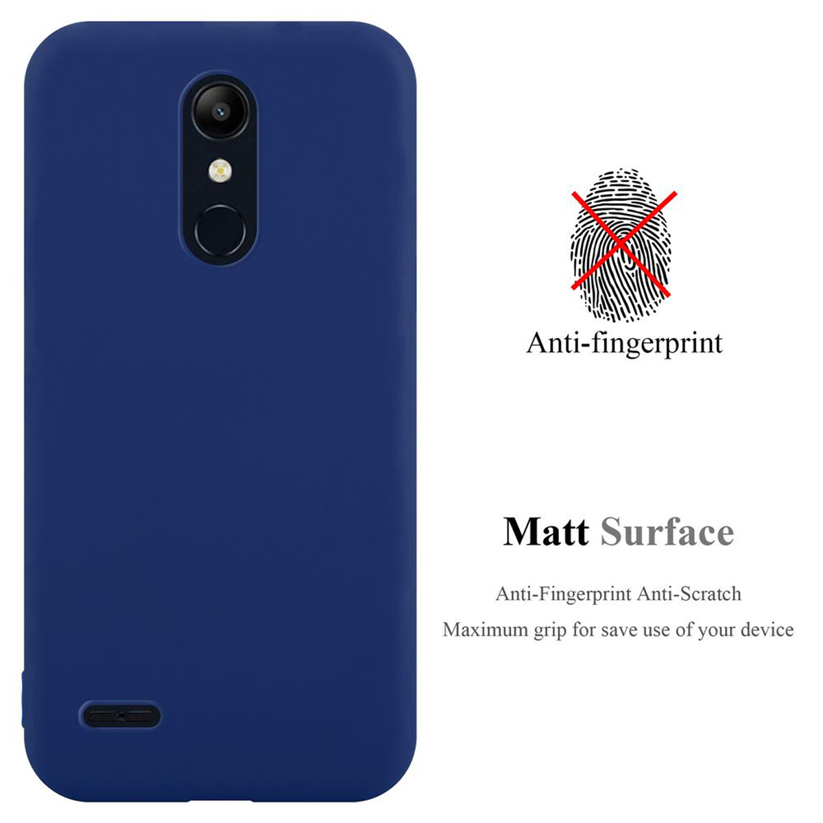 Custodia per telefono blu navy. Anti-impronta, superficie opaca. Due fotocamere, flash. Dettagli su sfondo bianco.