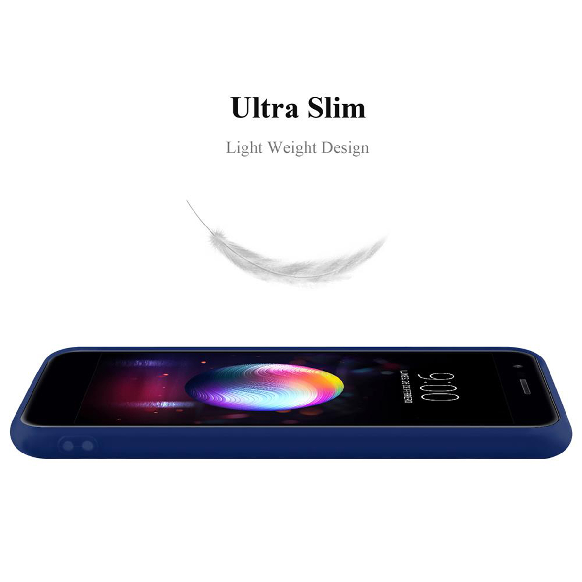 Una custodia blu per telefono con uno smartphone all'interno e una grafica a forma di piuma sopra. Testo: 'Ultra Slim'.