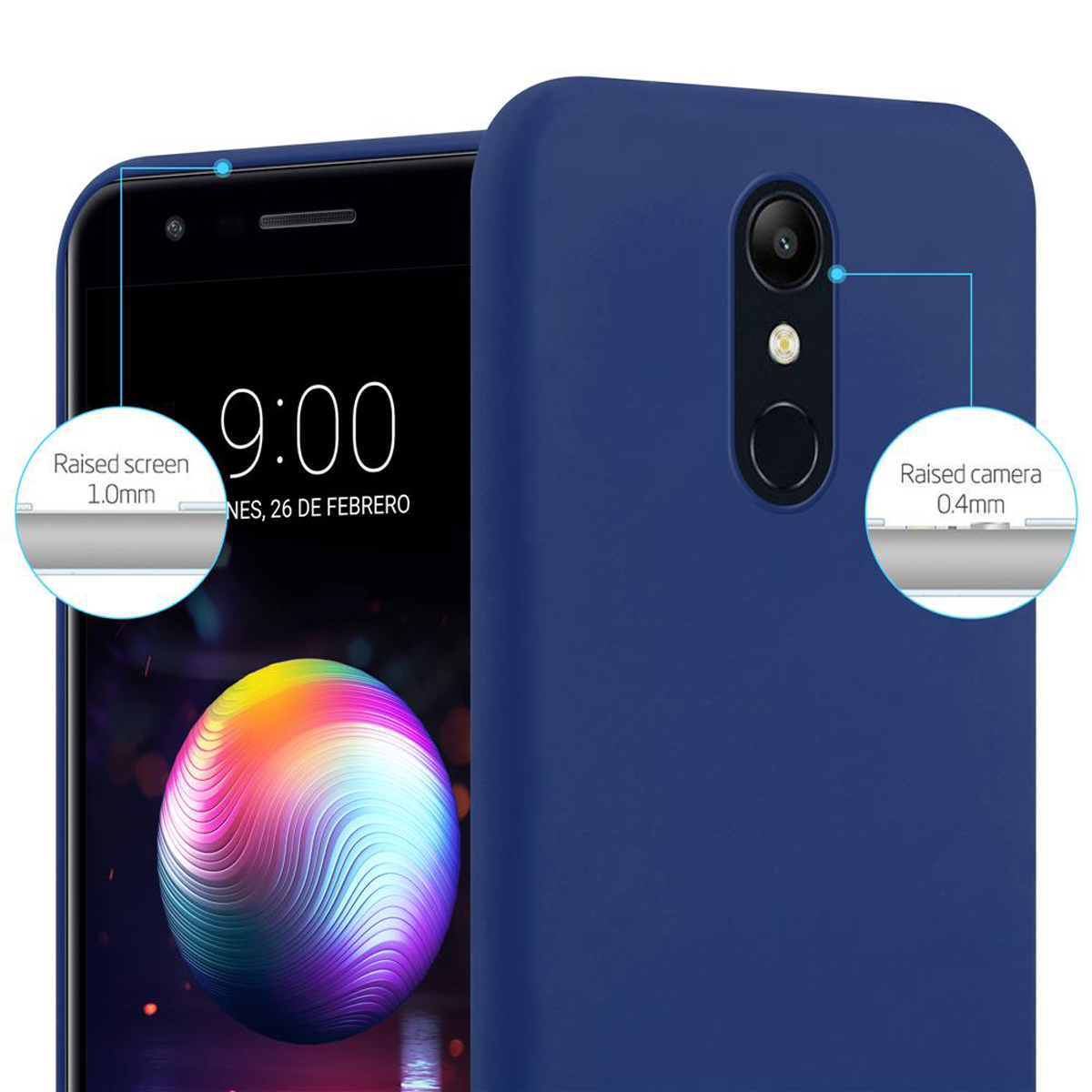 Custodia per telefono blu con aree dello schermo e della fotocamera evidenziate.